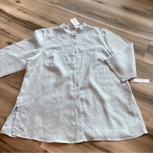 Richard Malcolm 100% Irish Linen Light Blue Button-Up Embroidered Tunic Top 1X